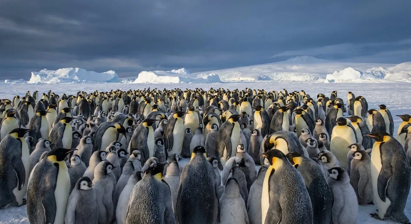Midnight sun over Antarctic landscape