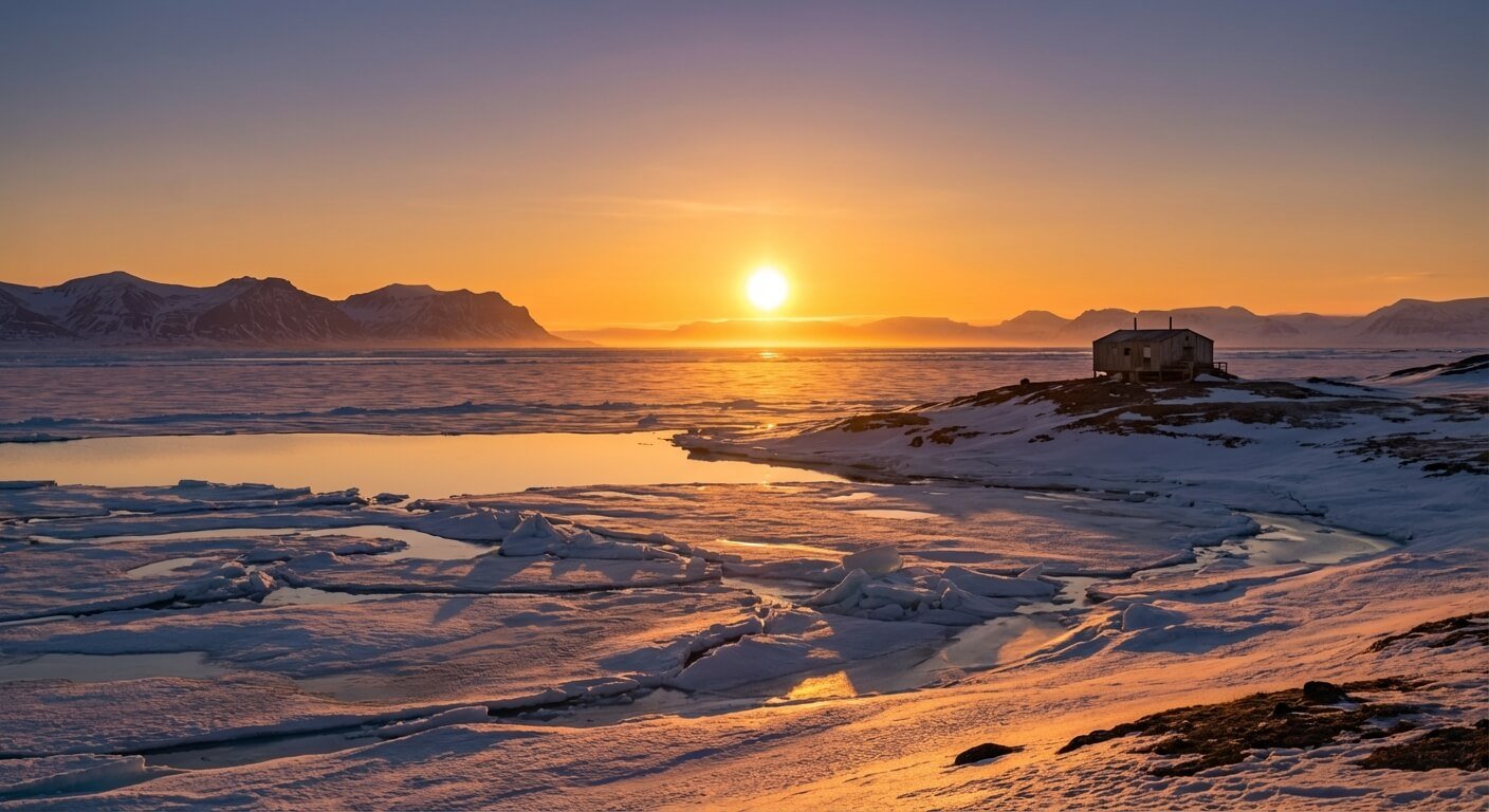 Midnight sun over Arctic landscape